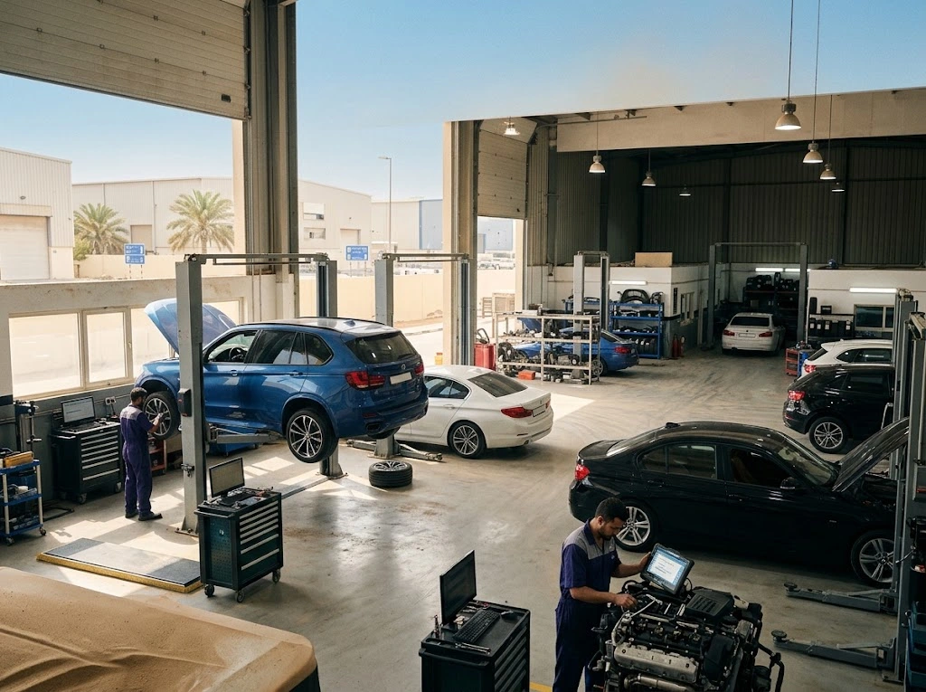Independent BMW repair and service workshop for Dubai Investment Park DIP drivers, with a BMW on a diagnostic ramp