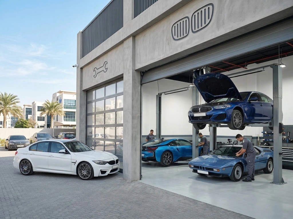 BMW being serviced by an independent BMW mechanic at a specialist workshop serving Dubai Silicon Oasis