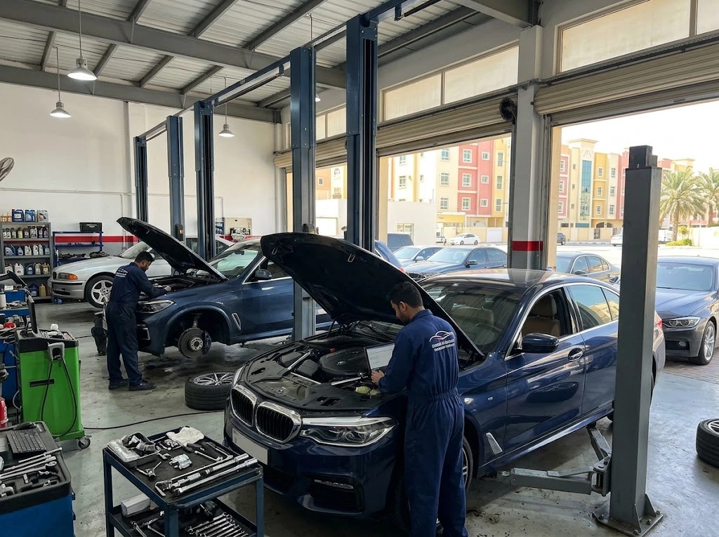 Independent BMW mechanic servicing a BMW at a workshop near International City, Dubai