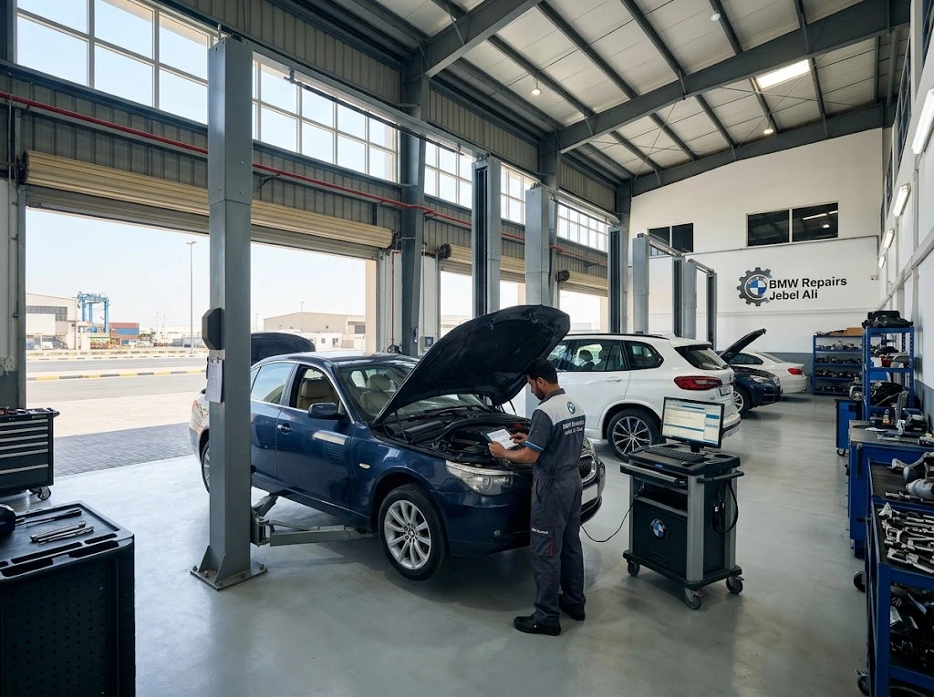 Independent BMW repair specialist servicing a BMW at a workshop for Jebel Ali Dubai drivers