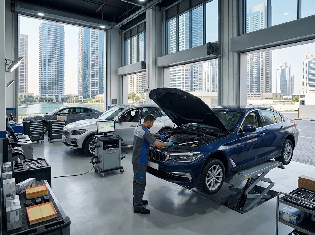 BMW under repair at an independent BMW garage serving Jumeirah Lakes Towers (JLT), Dubai