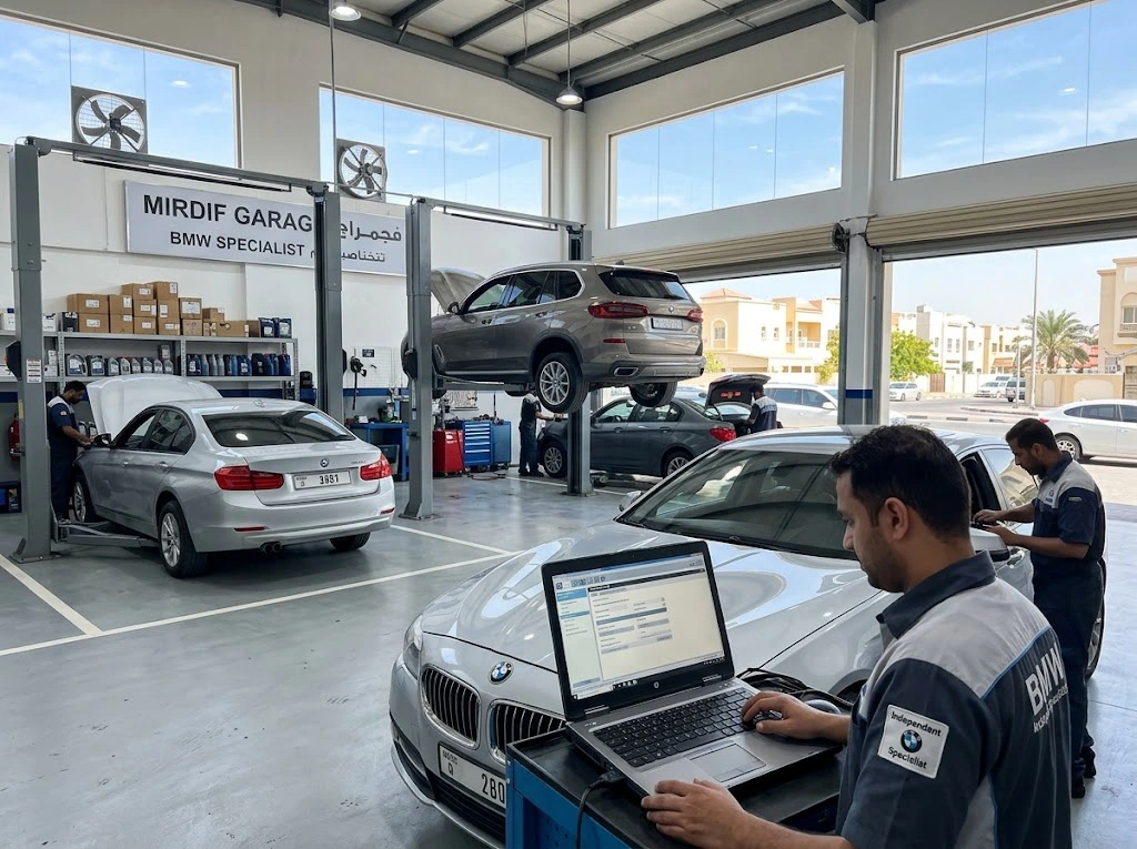 Independent BMW repair workshop in Mirdif, Dubai servicing a BMW with dealer-level diagnostic equipment