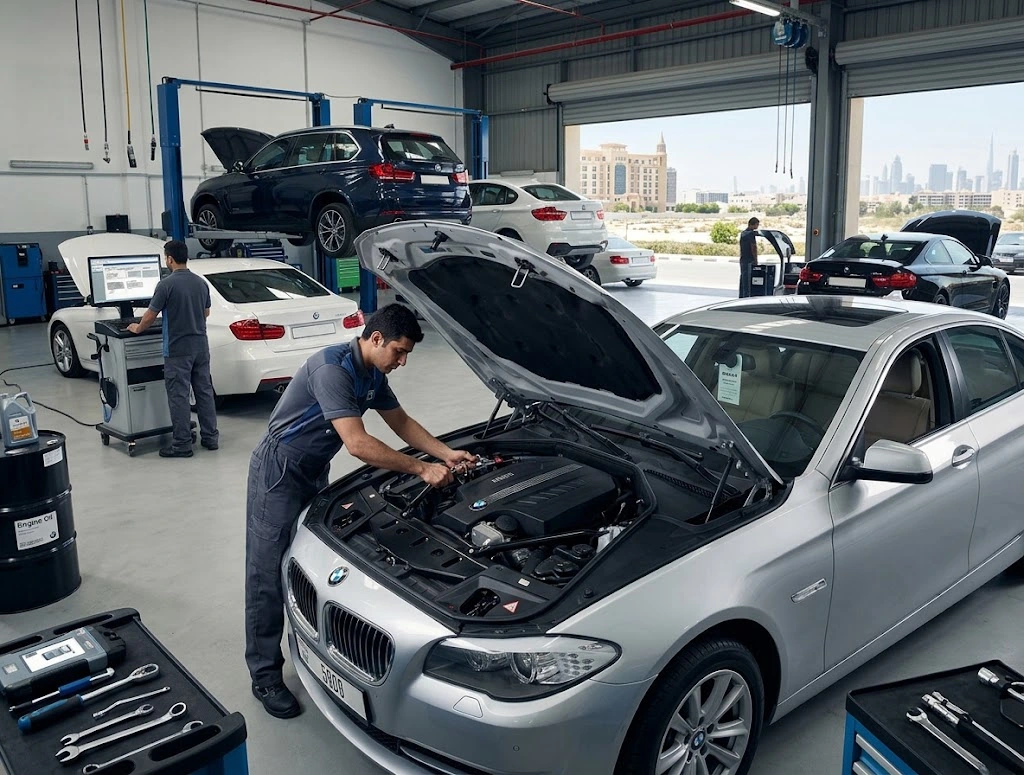 Independent BMW mechanic repairing a BMW at a workshop serving Motor City, Dubai