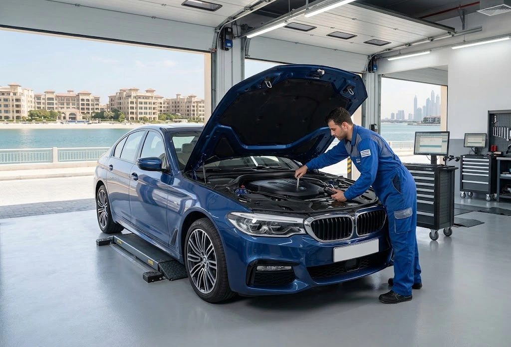 BMW being serviced by an independent BMW mechanic at a Dubai workshop trusted by Palm Jumeirah owners