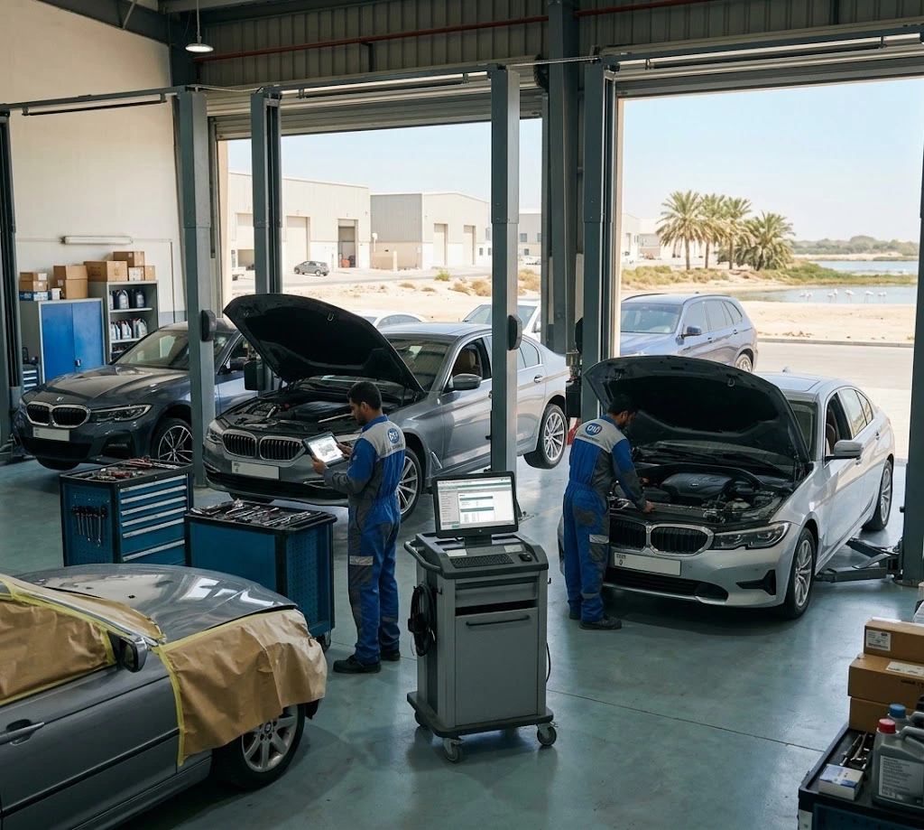 BMW being serviced by an independent BMW mechanic at a workshop near Ras Al Khor, Dubai