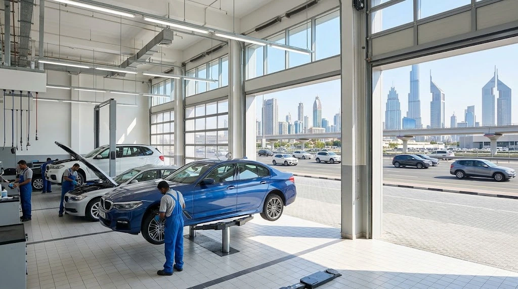 Independent BMW mechanic servicing a BMW at a workshop near Sheikh Zayed Road, Dubai