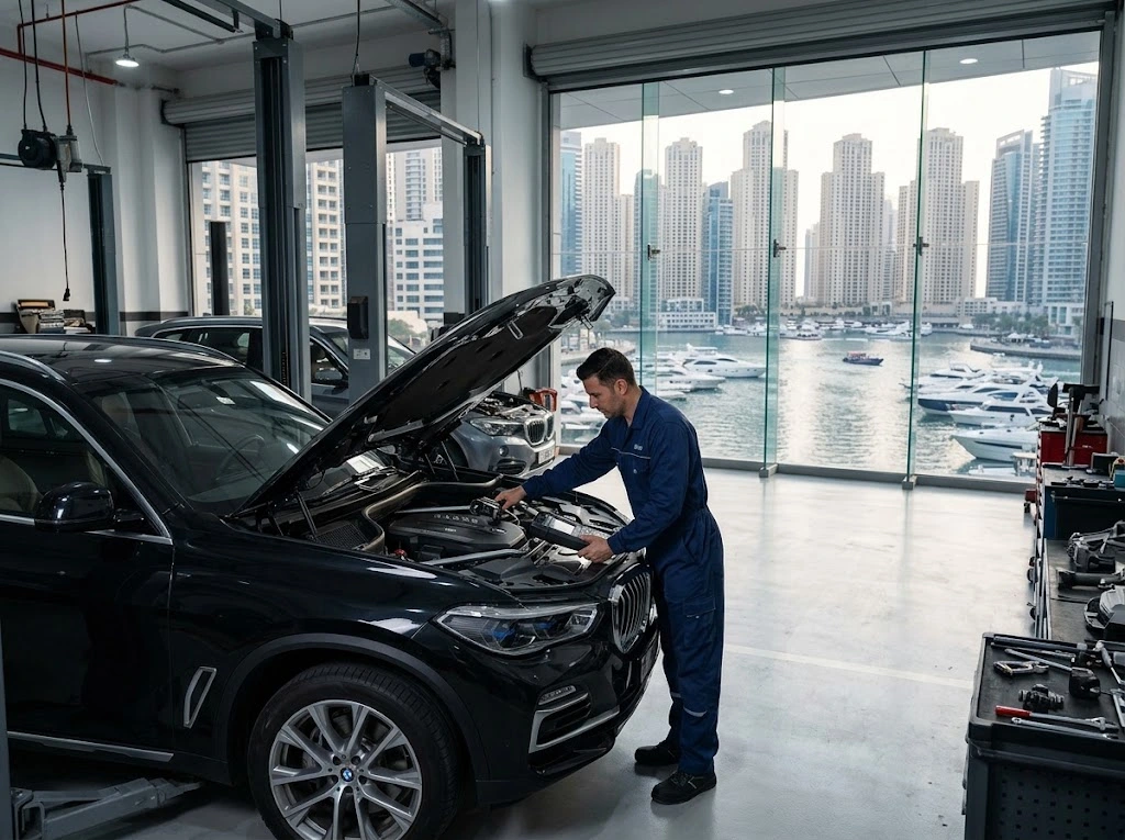 Independent BMW mechanic servicing a BMW at a Dubai Marina workshop in Dubai